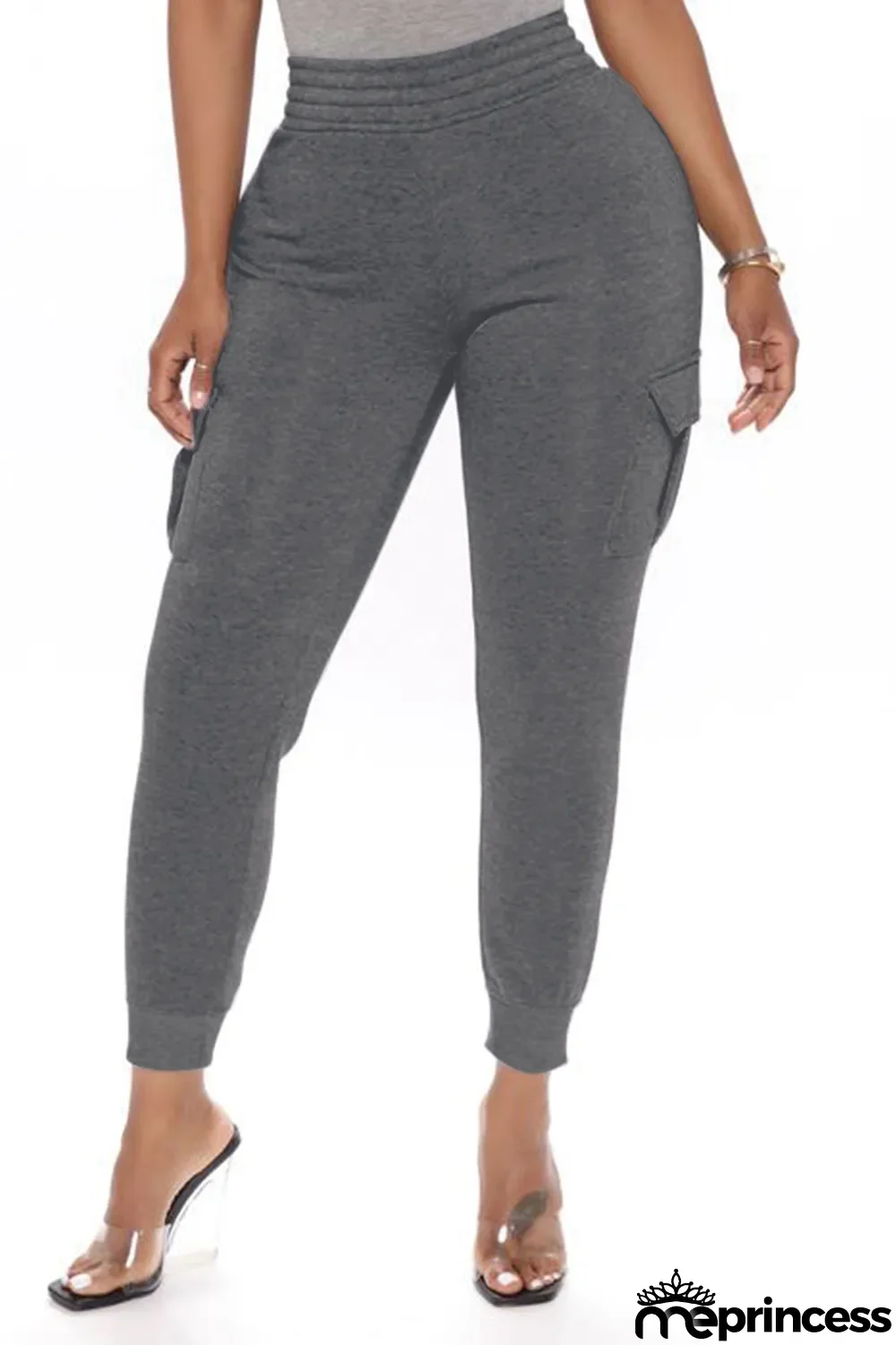 Dark Gray Casual Solid Basic Regular High Waist Pencil Trousers