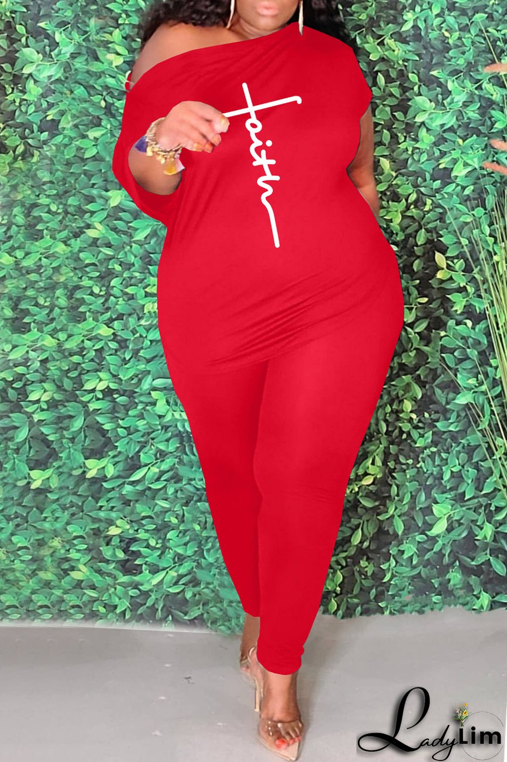 Red Fashion Casual Print Basic Oblique Collar Plus Size Two Pieces