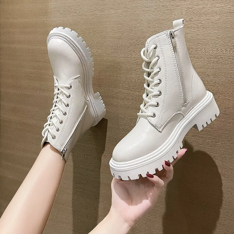 2021 Combat Boots Women White PU Leather Motorcycle Boots Punk Gothic Shoes Fashion Lace Up Black Ankle Boots Female Shoes