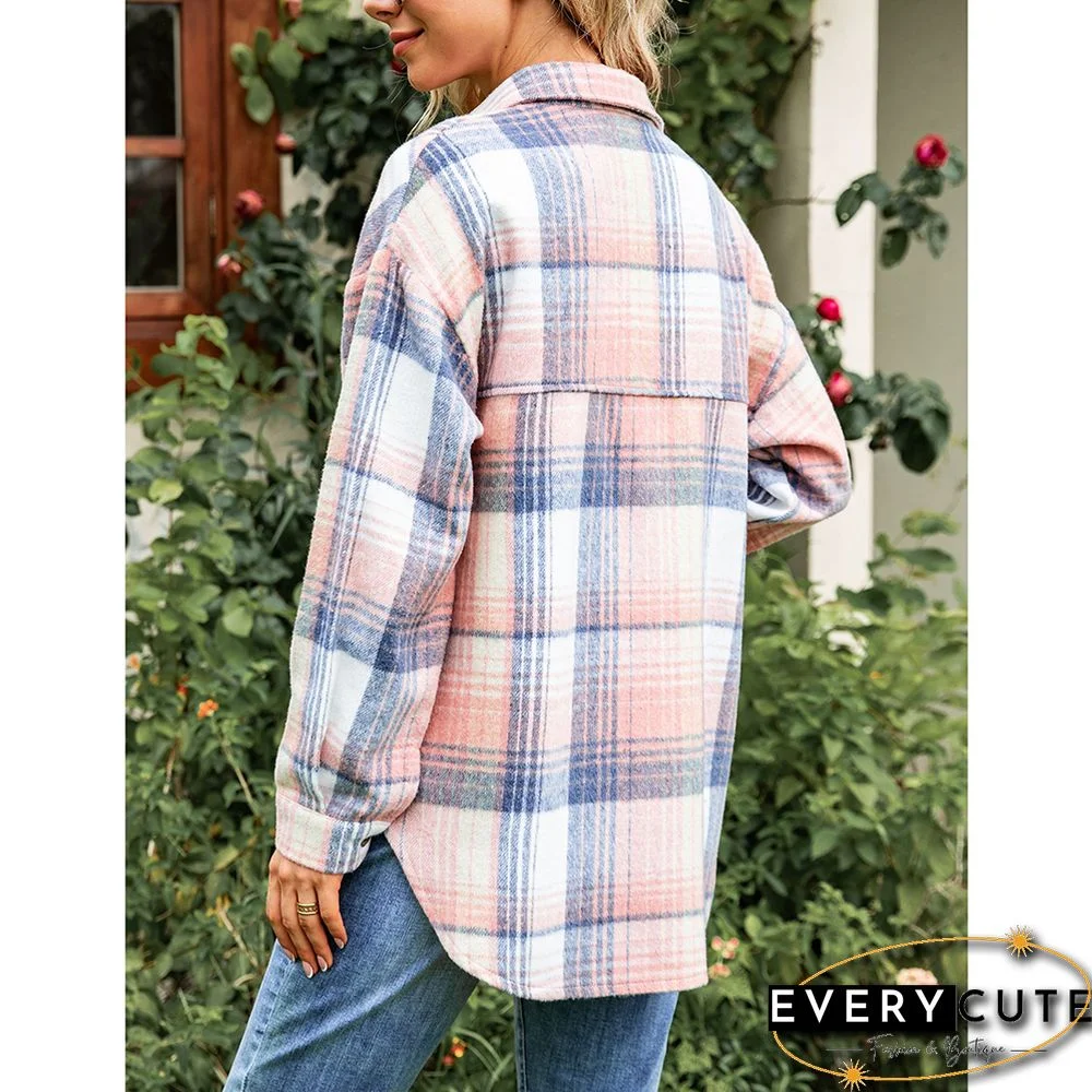 Pink Plaid Print Button Shacket with Pocket