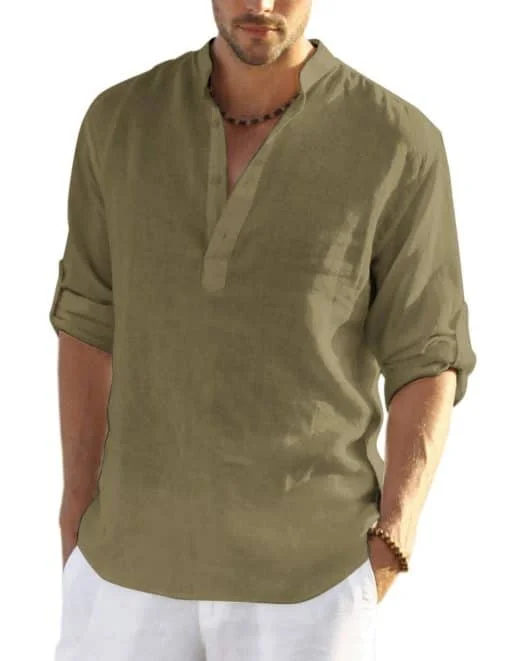 2022 Men's Cotton Linen Henley Shirt Long Sleeve Hippie Casual Beach T Shirts - Buy 2 free shipping