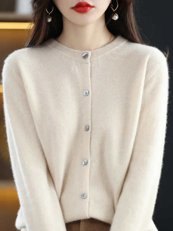 Buttoned Elasticity Long Sleeves Round-Neck Knitwear Cardigan Tops