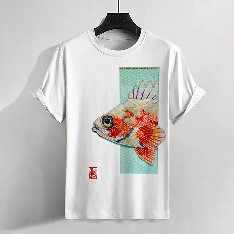 Men'S Embroidery Goldfish Japanese Art Print Casual Short Sleeve T-Shirt