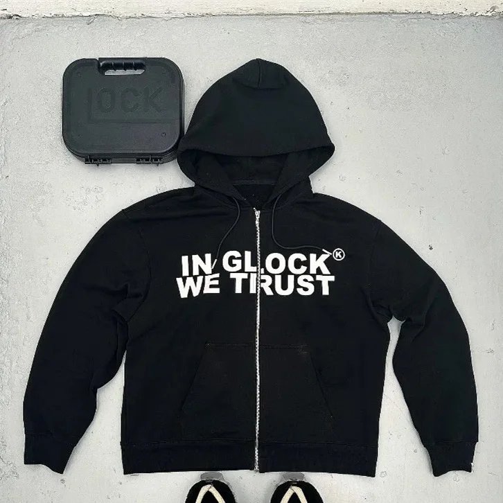 Hip Hop Letter Print Hooded Zipper Sweatshirt Loose Black Jacket