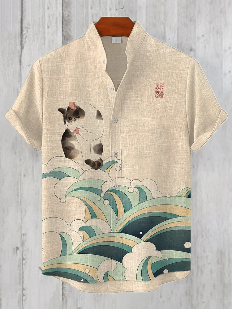 Men's Cute Cat Wave Print Linen Blend Shirt