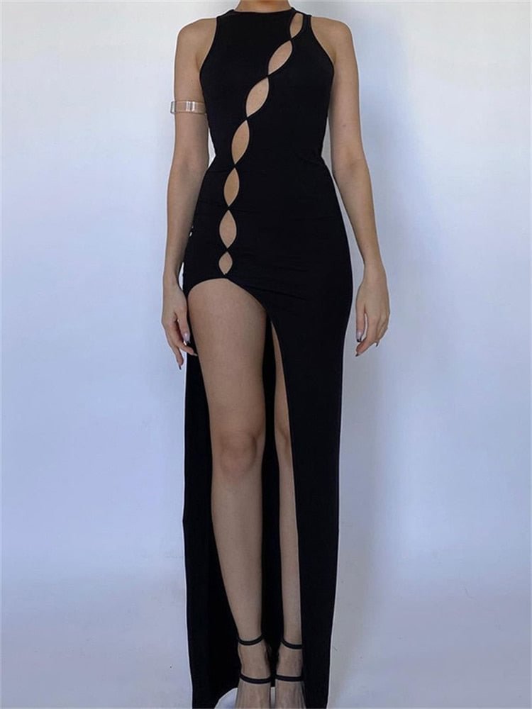 Forefair Sexy Black Cut Out Slit Long Tank Dress Women Spring Summer Club Party Hollow Out Sleeveless Backless Maxi Dresses