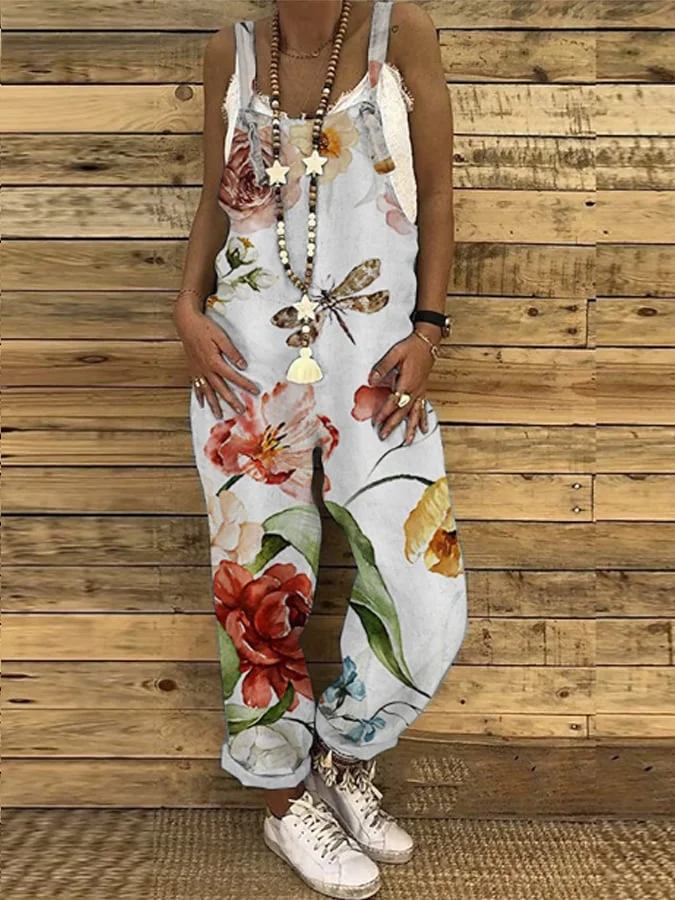 Women'S Floral Print Loose Casual Jumpsuit