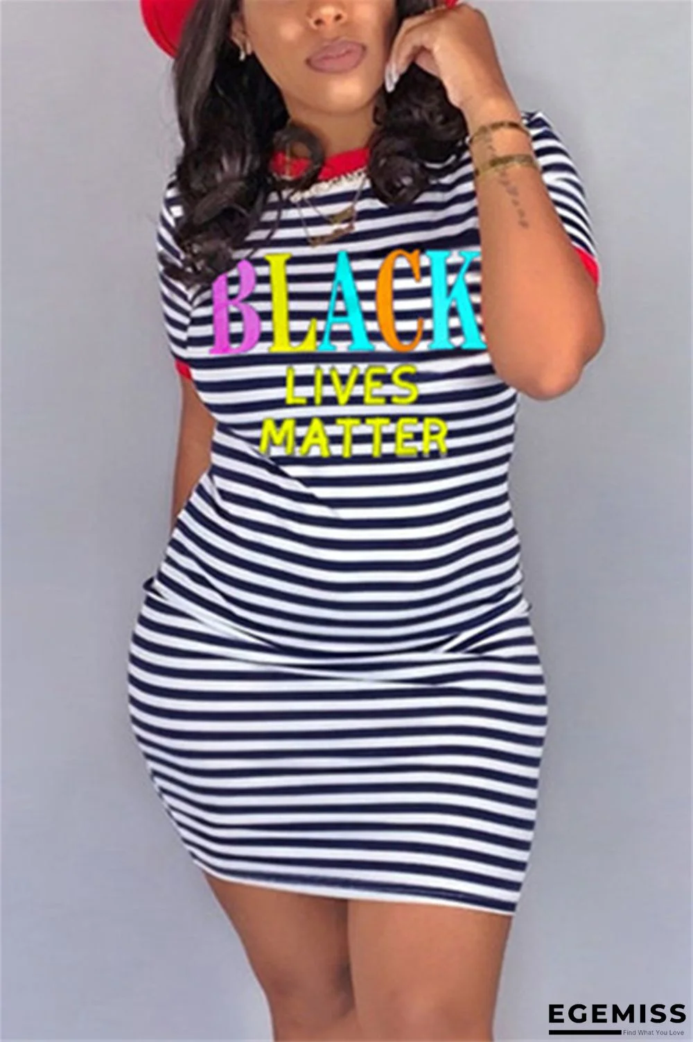 Red Fashion Striped Letter Printed Short Sleeve Dress | EGEMISS