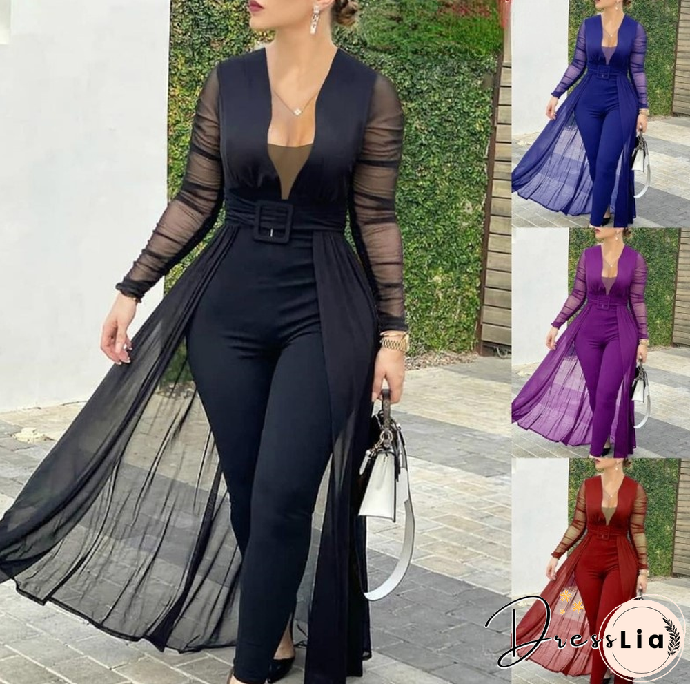 Jumpsuit Women Long Sleeve Elegant Women Jumpsuit Deep V Neck Off Shoulder Mesh Jumpsuit Long Sleeve Lace Slim Stitching Suit