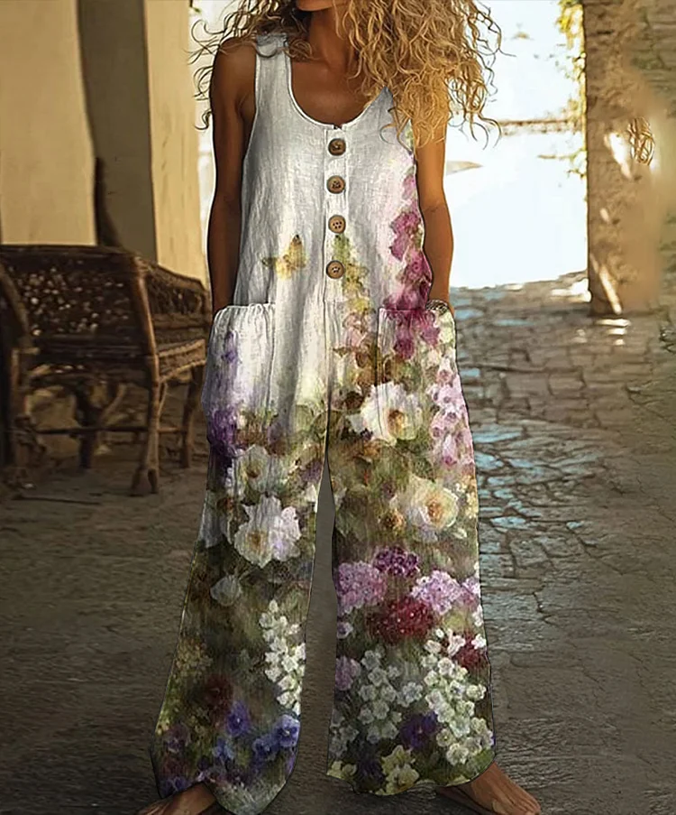 Vintage Butterfly Floral Art Print Casual Wide Leg Jumpsuit