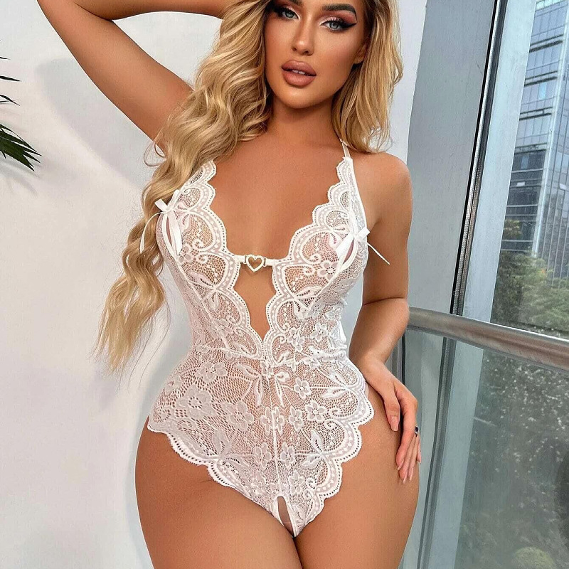 Lovingerie - Floral Lace Trim Sheer Teddy Bodysuit