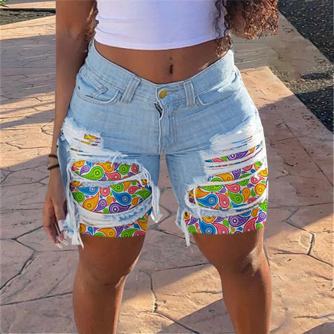Women's 2024 Denim Shorts Street Style Straight Middle Pants Patchwork Denim Shorts