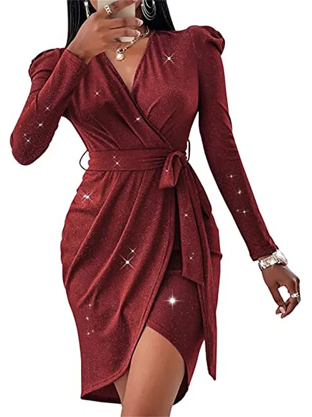 Women's Semi Formal Dress Party Dress Sheath Dress Formal Cocktail Party Mini Dress Party Stylish V Neck Long Sleeve Lace up Ruched 2023 Slim Black Red Blue Pure Color S M L XL 2XL | IFYHOME