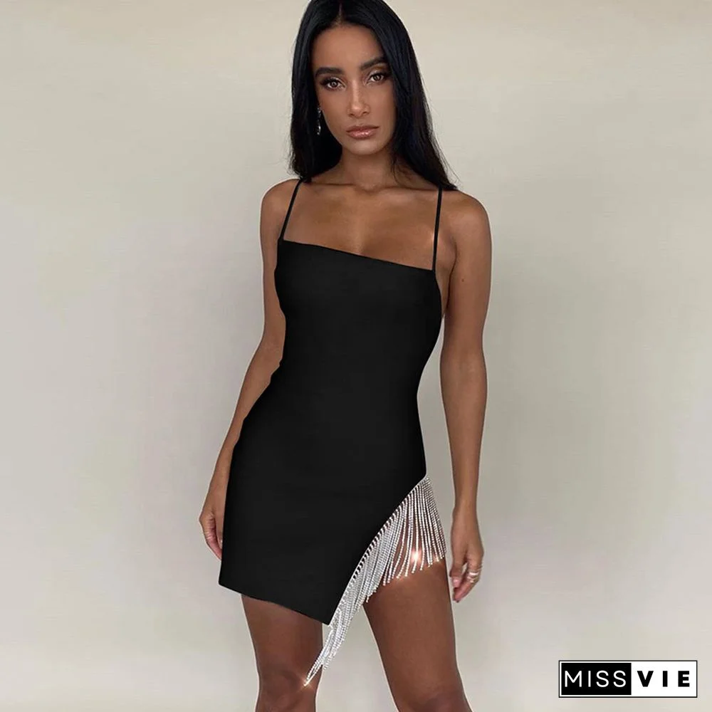 Tassel Sexy Solid Strapless Sleeveless Patchwork Bodycon Dress New Autumn Fashion Elegant Senior Club Party Women