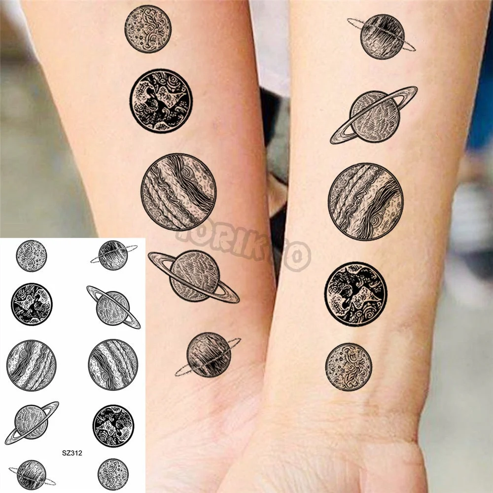 Black Pencil Sketch Henna Lotus Temporary Tattoos For Women Girls Realistic Planet Dandelion Fake Tattoo Sticker Back Arm Tatoos