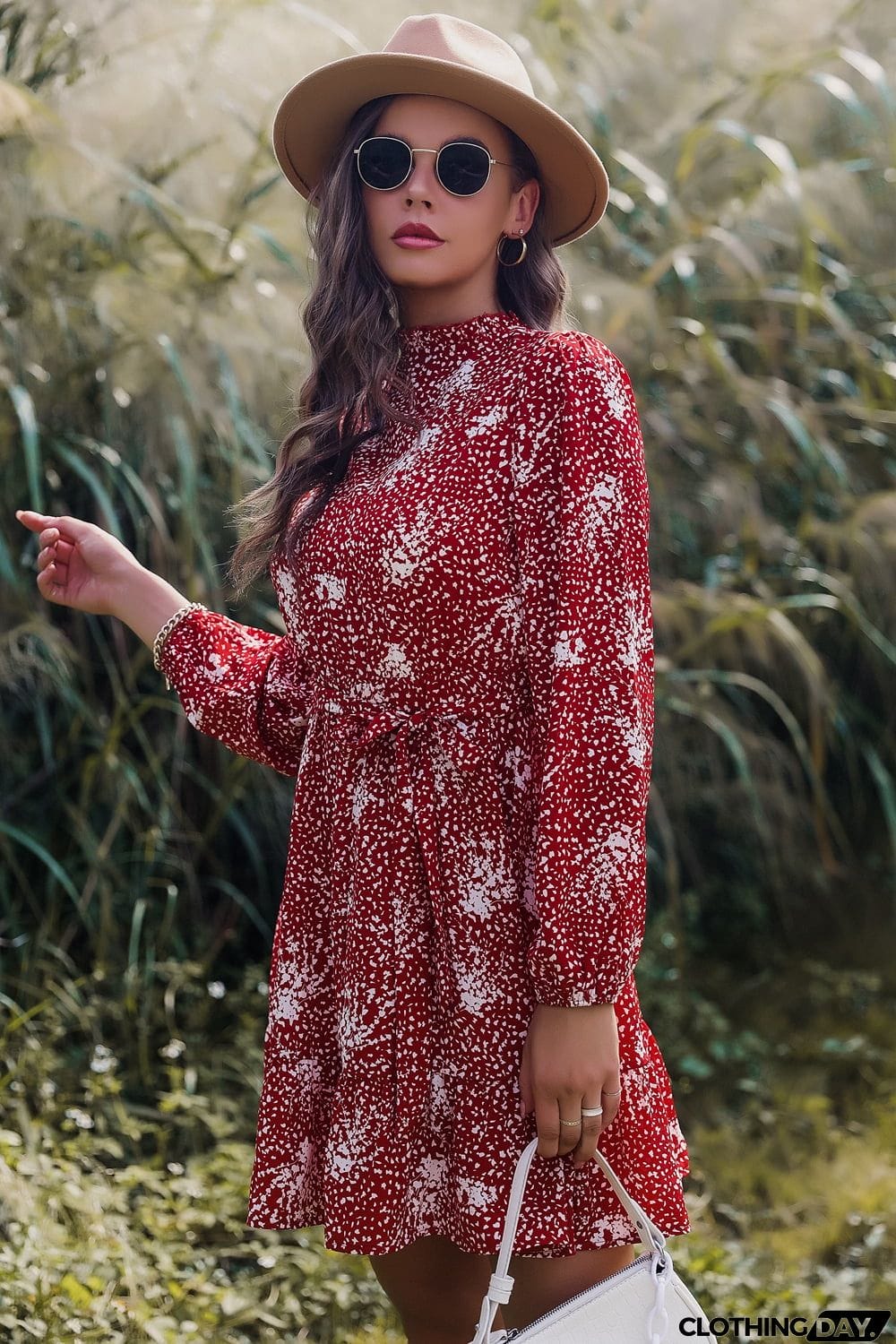 Printed Mock Neck Long Sleeve Tie Waist Mini Dress