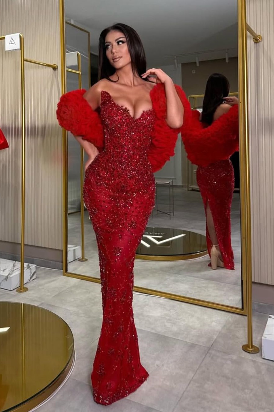 Ovlias Gorgeous Red Strapless Rhinestone Sleeveless Tailored Evening Dress LY0686