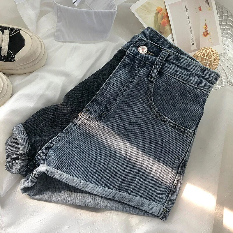 FTLZZ Summer New Women Splicing Denim Shorts Lady Slim Elastic Cuffs Wide Leg Pants Fashion High Waist Comfortable A-line Shorts