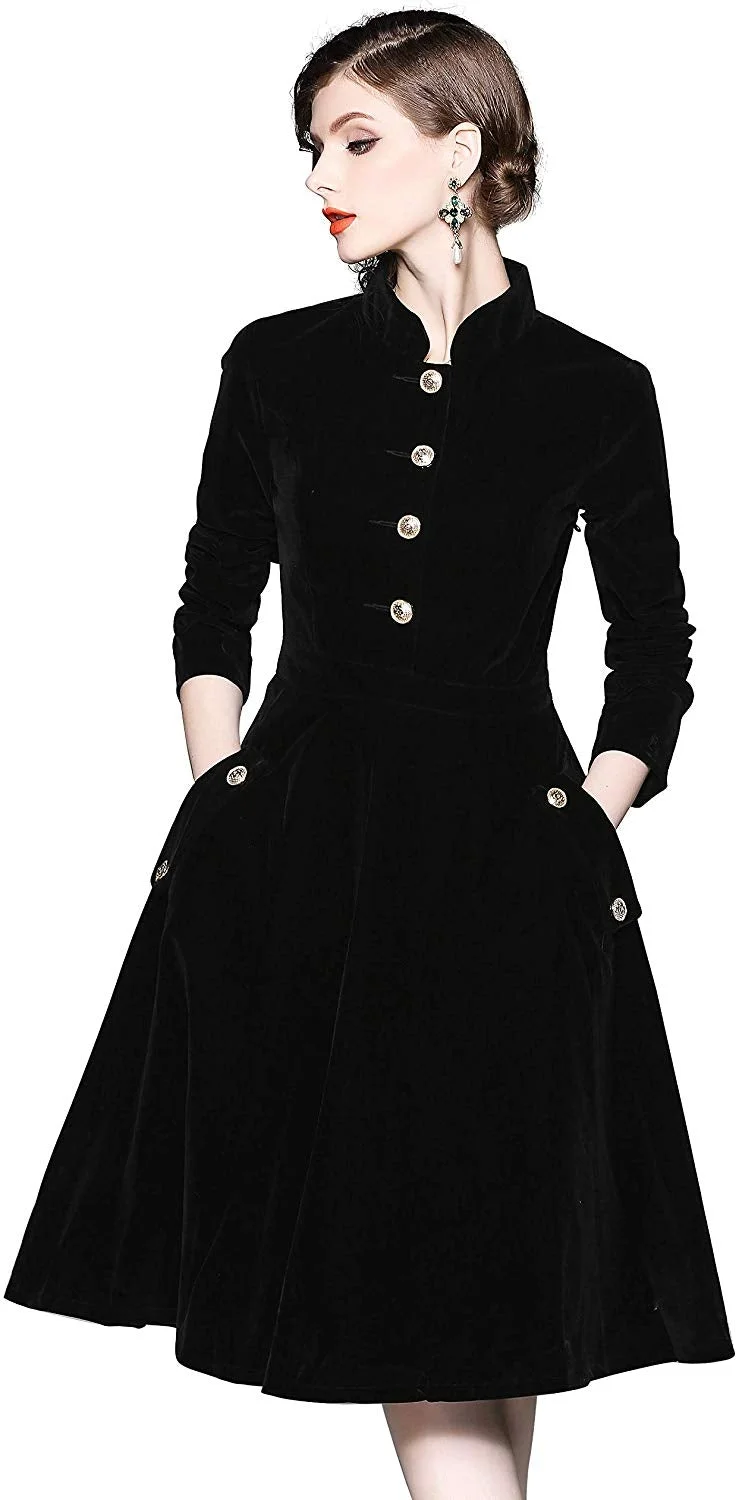 Women's Vintage Long Sleeves Velvet Button Up Swing Midi Dress Autumn/Winter