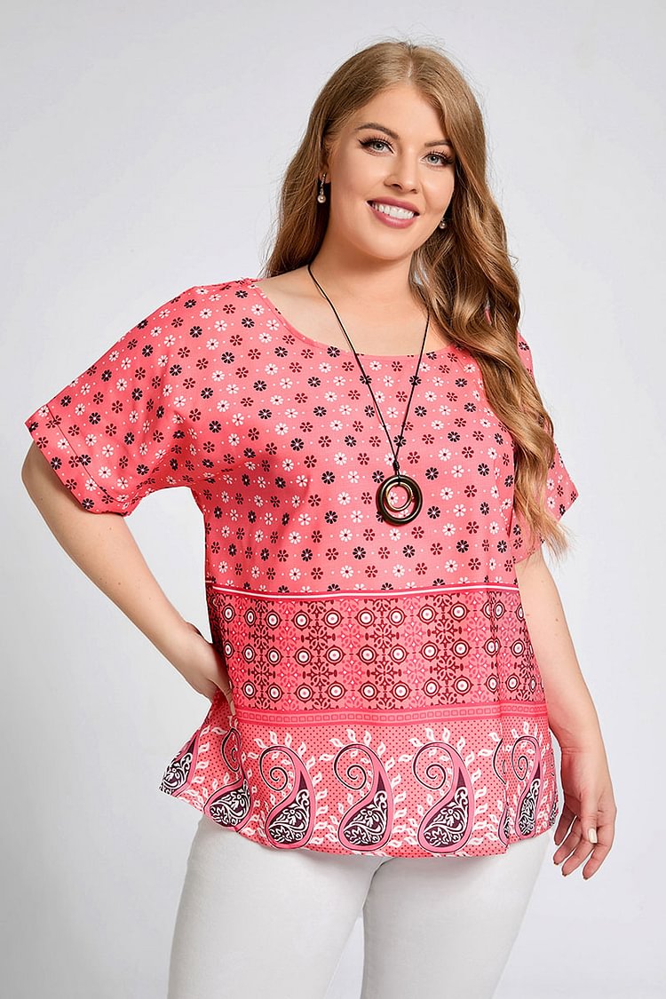 Flycurvy Plus Size Linen Ditsy Tribal  Print Boat Neck Short Sleeve Casual Blouses  flycurvy [product_label]