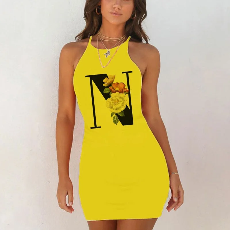 Spaghetti Camisole Mini Short Dress Women Plus Size Bodycon Dress Summer Sexy Sleeveless 26 Letter Print Party Club Dresses 2021