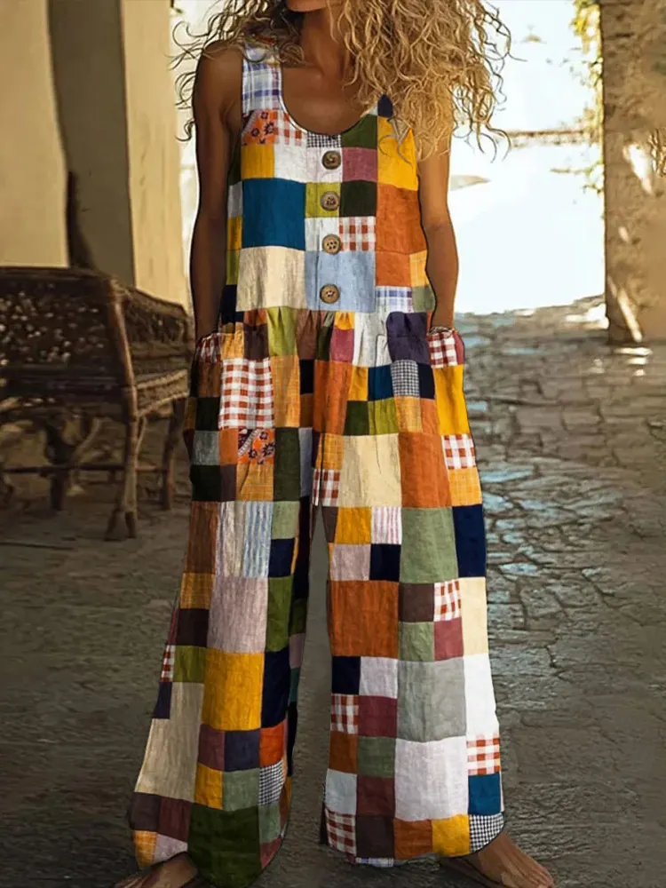 Vintage Square Patchwork Boho Art Women's Linen Wide Leg Jumpsuit