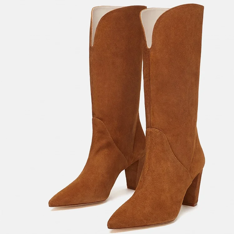 Tan Vintage Vegan Suede Pointy Toe Mid Calf Boots with Block Heels |FSJ Shoes