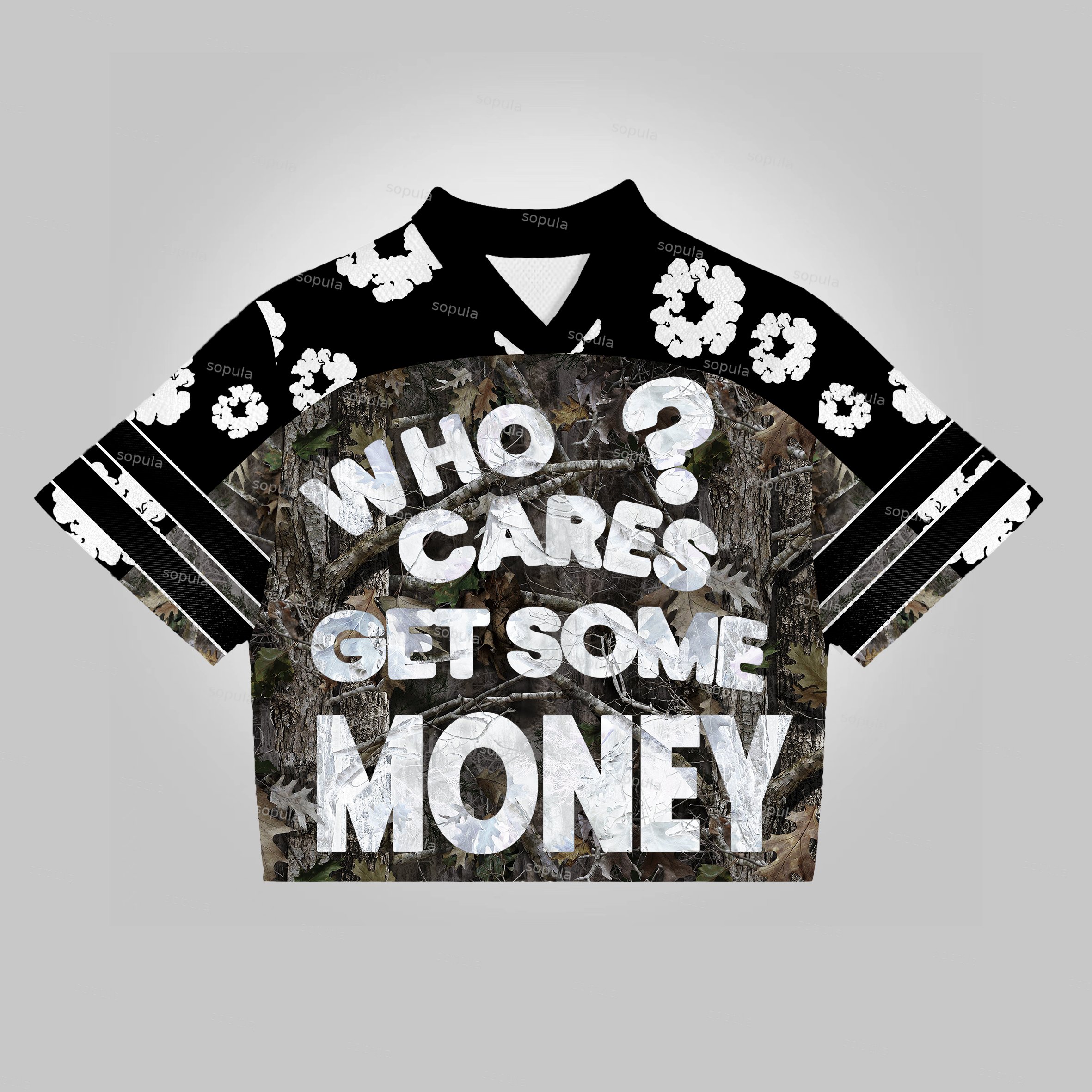 Vintage Chasing Money Camo Jungle wreath graphics Blokecore Blokette Jersey V-neck T-shirt - SOPULA