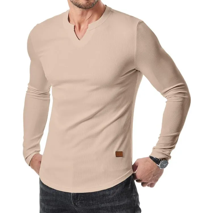 Men's Casual Solid Color Striped V-Neck Slim Fit Long Sleeve T-Shirt