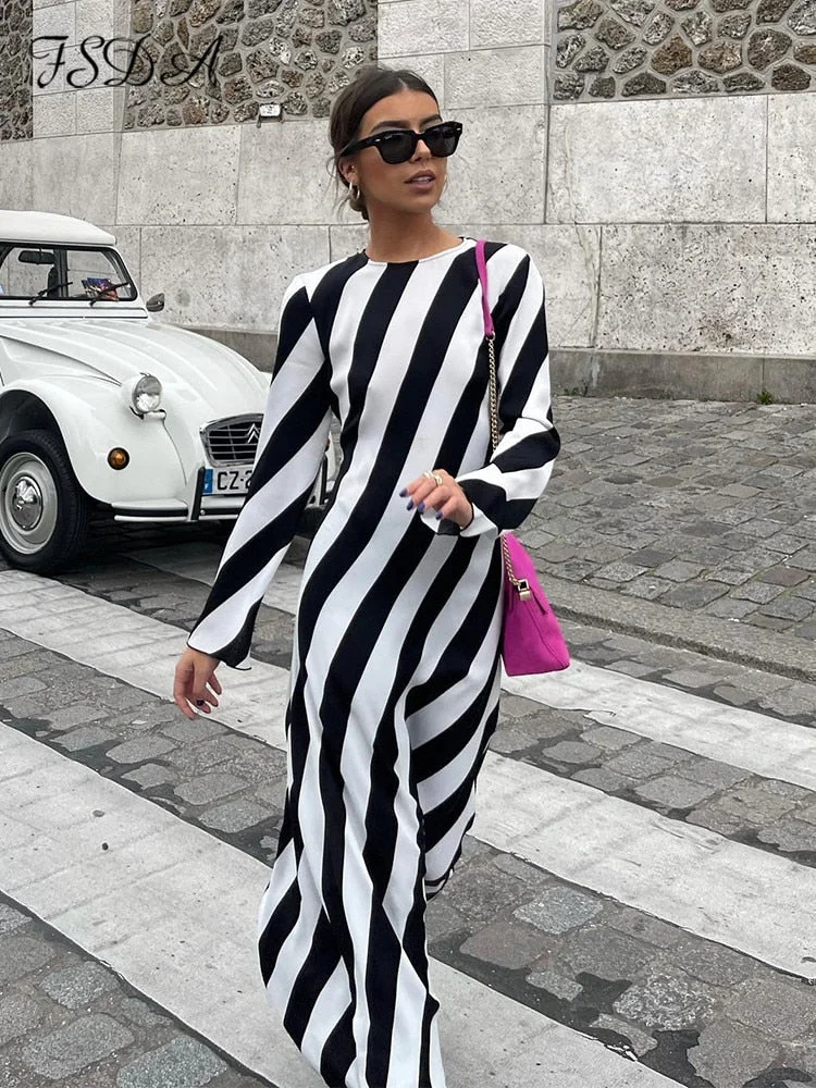 FSDA Stripe Print Backless Maxi Dress Elegant Women Long Sleeve Summer Spring Fashion 2022 Casual Dresses Party Sexy Vintage