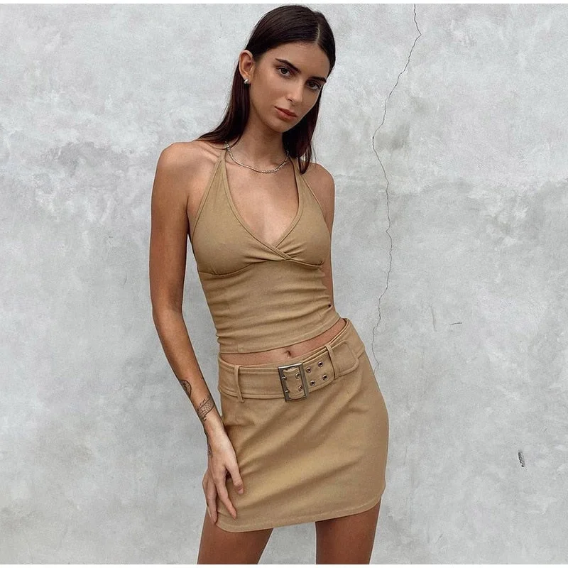 UForever21 Back To School Halter Sleeveless Tops Mini Skirts Women Set Backless Summer Woman Top Suits Hip Package Female Skirt With Belt Two Piece Sets