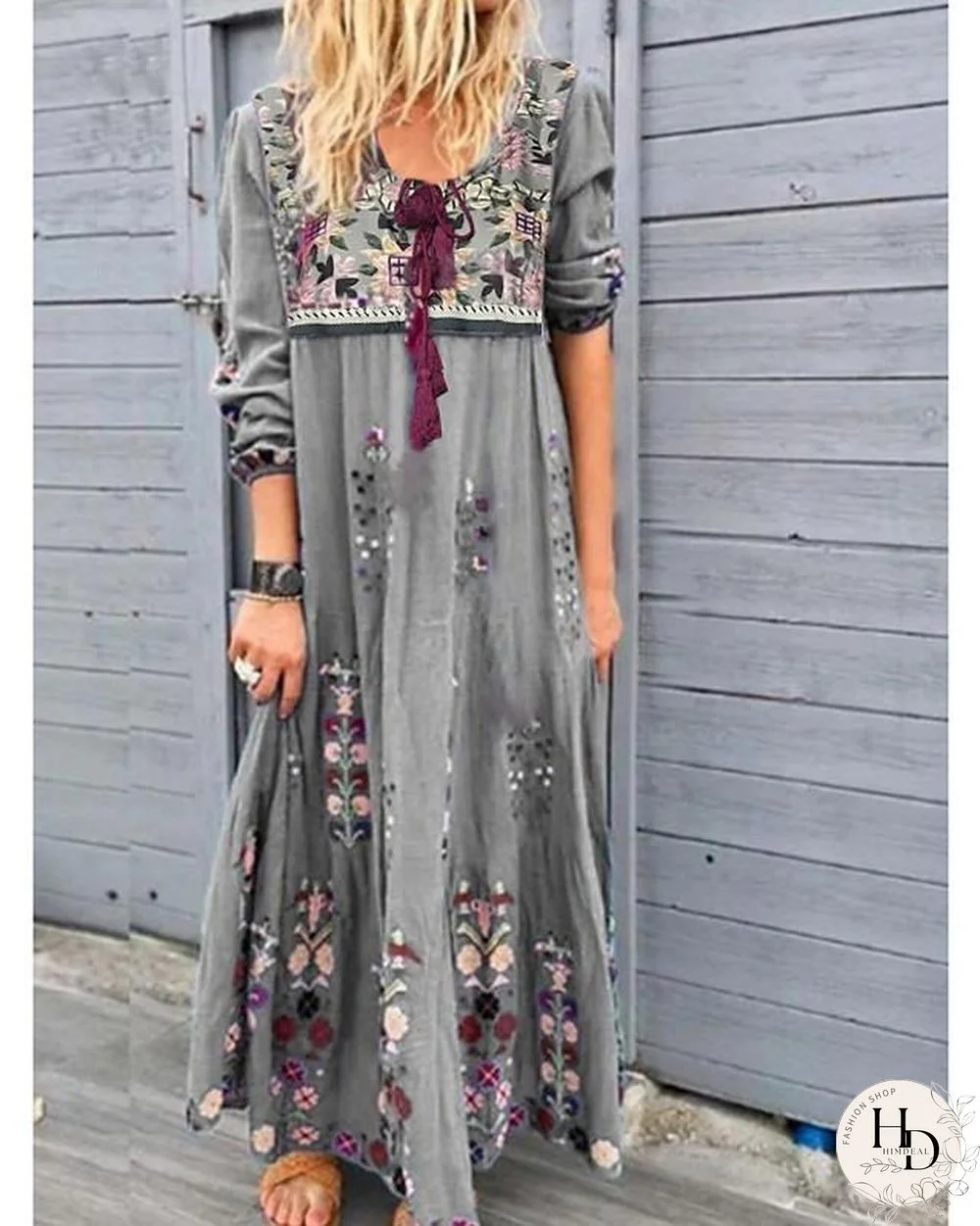 Women's Maxi long Dress - Long Sleeve Tribal Print Spring Summer Hot Vacation Boho vacation dresses Loose High Waist  Red Brown Gray Light Blue S M L XL XXL 3XL 4XL 5XL