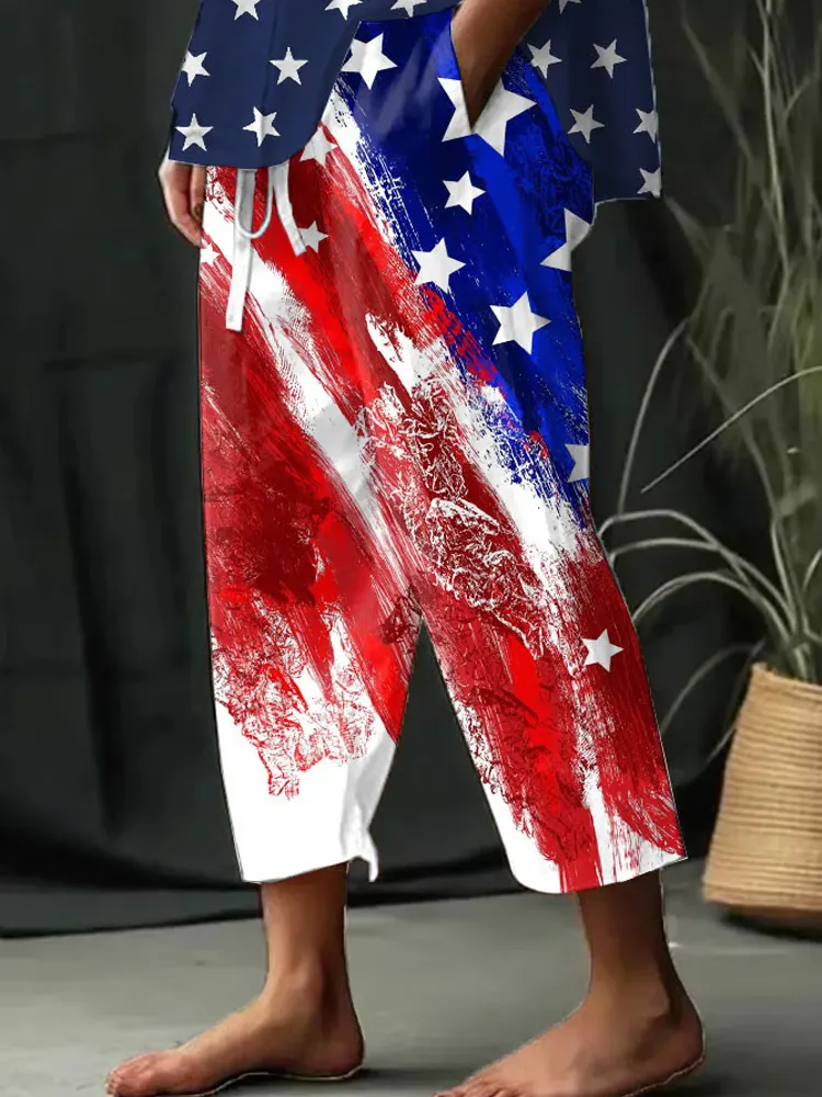  Women's Retro Independence Day Print Wide Leg Pants Westsshops