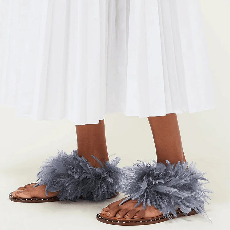 Blue Feather Flip Flops Thong Sandal Flat Shoes |FSJ Shoes