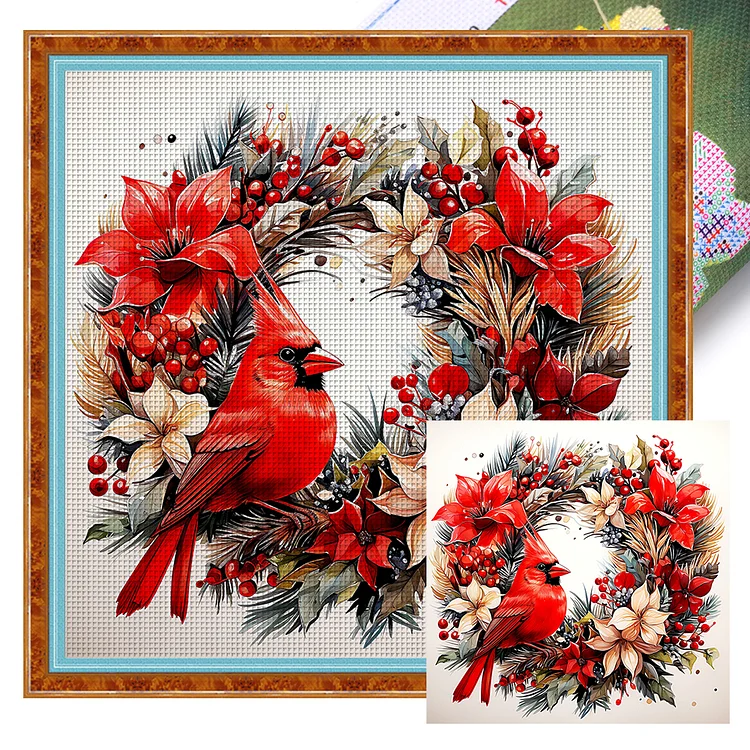 【Huacan Brand】Cardinal Wreath 18CT Stamped Cross Stitch 30*30CM