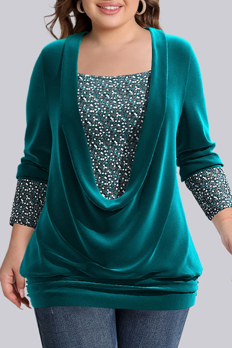Flycurvy Plus Size Casual Green Velvet Sparkly Patchwork Cowl Neck Blouse  Flycurvy [product_label]