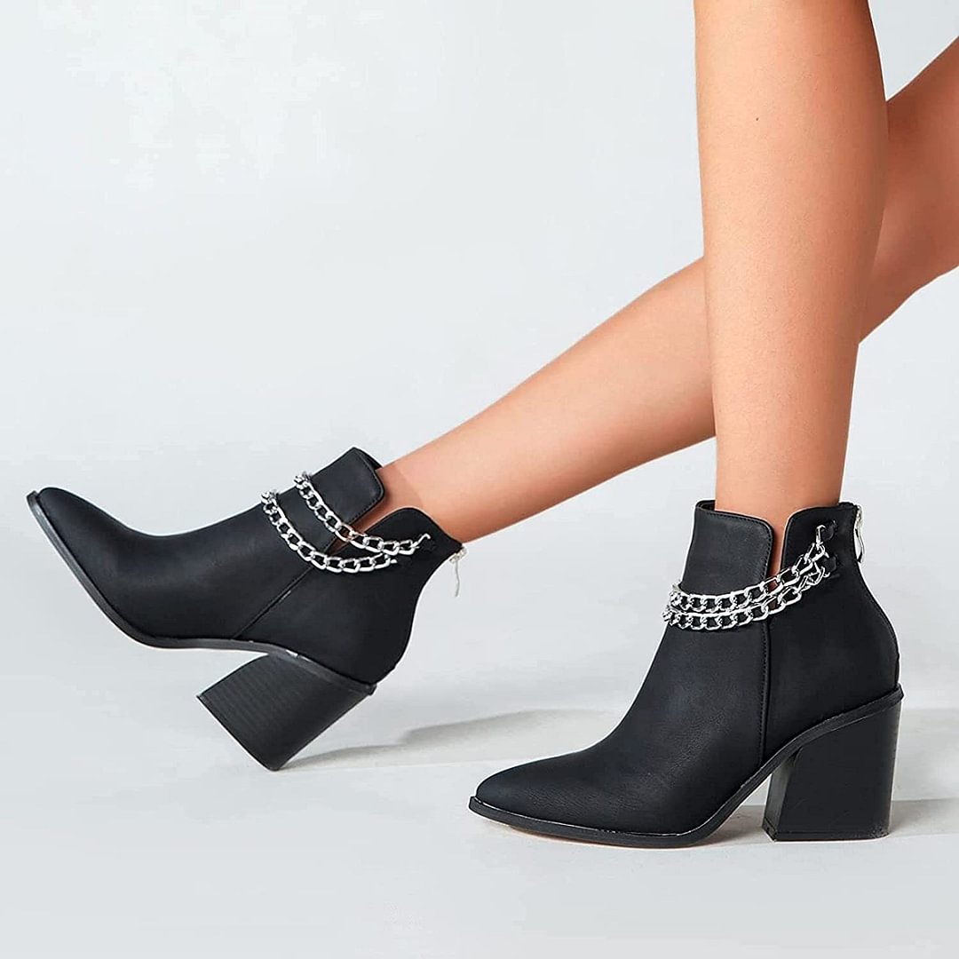 Women's Pointed Toe Chunky Heel Ankle Boots
