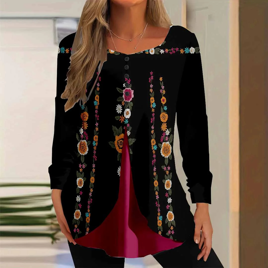 Women Graphic,Black DZGG8273 Long Sleeve Scoop Neck Printed Graphic Button Fake 2in1 Tops