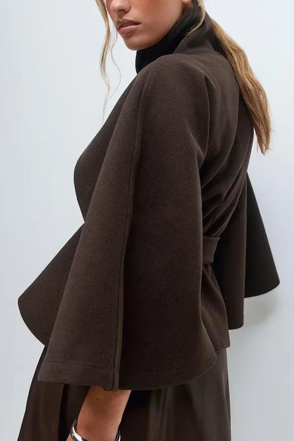 Women's Plain Front Buckle Belted Woolen Cape Coat, Casual Fall & Winter Outerwear, Stylish Daily Wear for Dating, Jackets