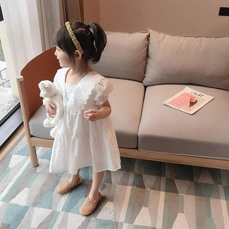 2-7T Toddler Kid Baby Girl Clothes Summer Short Sleeve White Lace Dress Elegant Ruffles Cotton Loose Sundress Cute Sweet Dress
