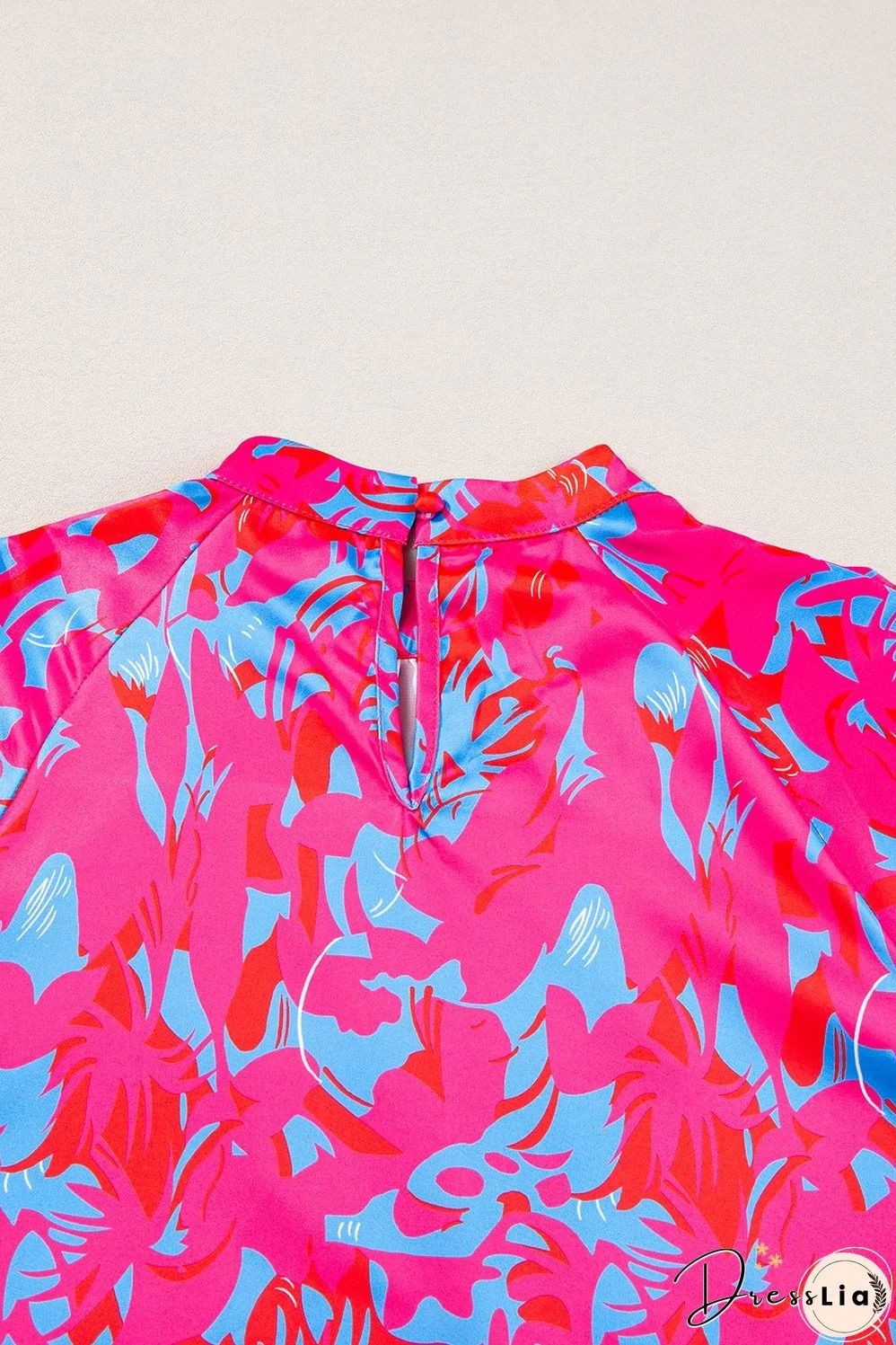 Purple Printed Bubble Sleeve Mock Neck Blouse