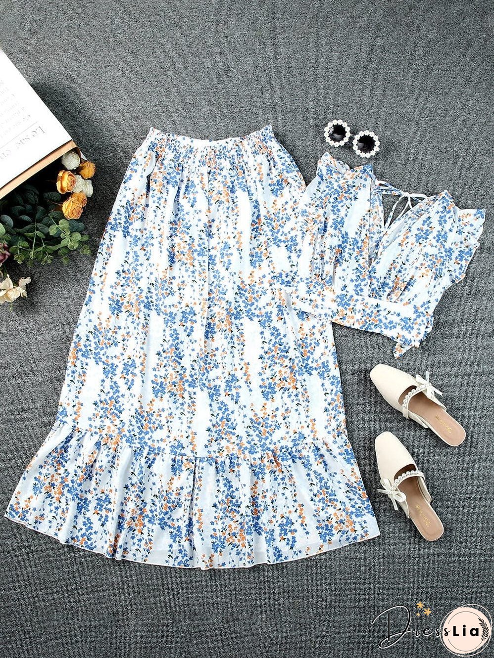 Floral White Bohemian Chic Two Piece Maxi Dress Set