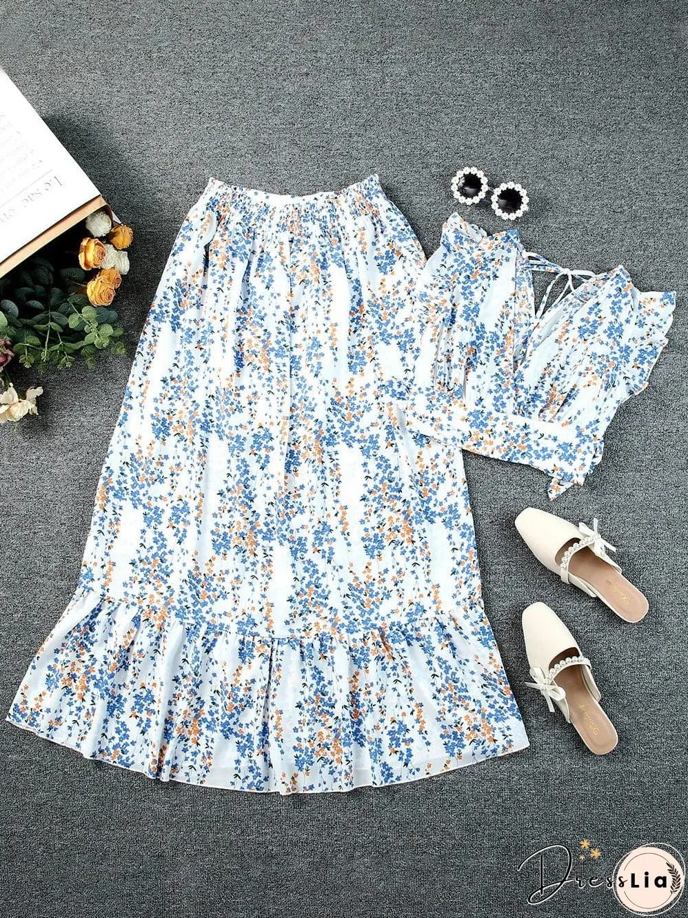 Floral White Bohemian Chic Two Piece Maxi Dress Set
