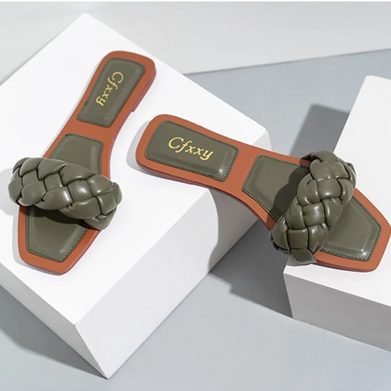 Women Weave Slippers Flat Sandals Open Toes Square Soft Green Foot Pad Leisure Large Size 37-42 Flip Flops Office Women Slippers