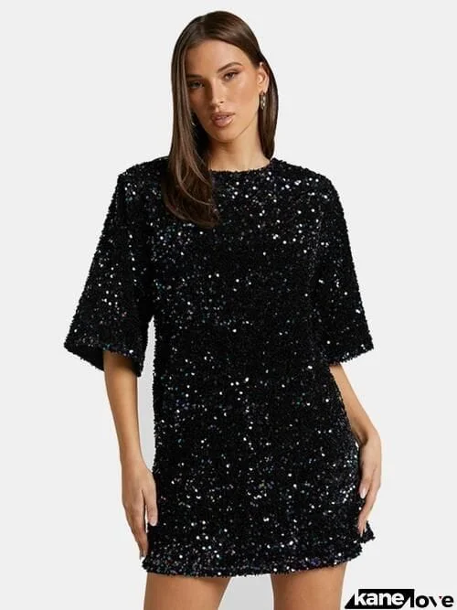 Sequin Tie Back Half Sleeve Mini Dress