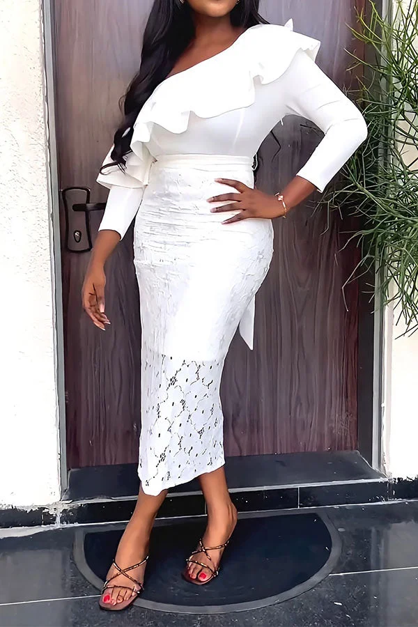 Lace Patchwork Rocking Ruffle Belted Midi Dress