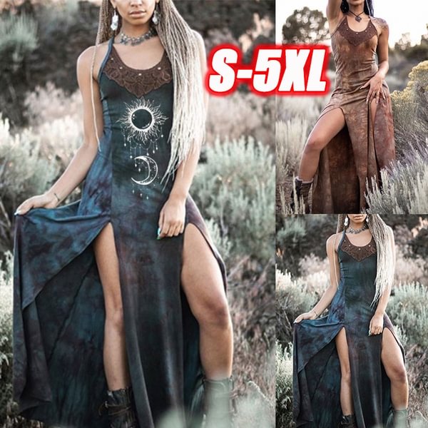 Plus Size Women Ethnic Tribal Printed Medieval Moon Printed Sleeveless Maxi Split Dress - Shop Trendy Women's Fashion | TeeYours