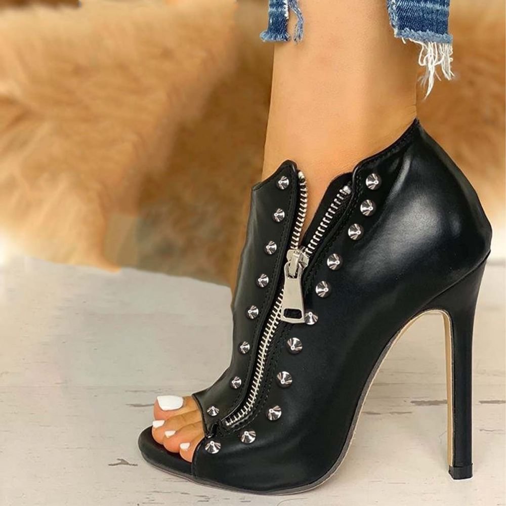 Black Peep Toe Vegan Leather Ankle Booties Zipper Rivets Stilettos Nicepairs