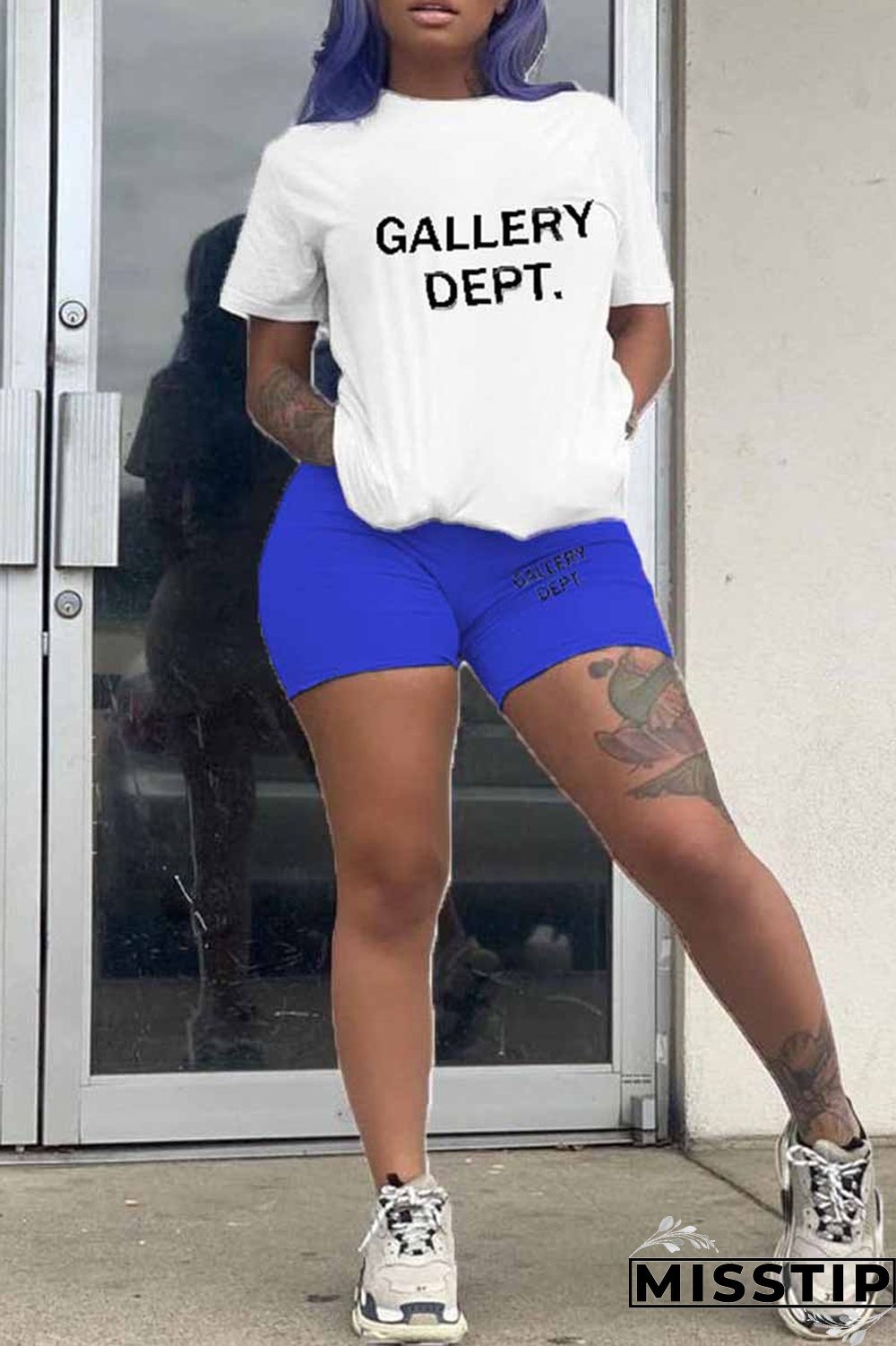 Blue Casual Print Letter O Neck Short Sleeve Two Pieces