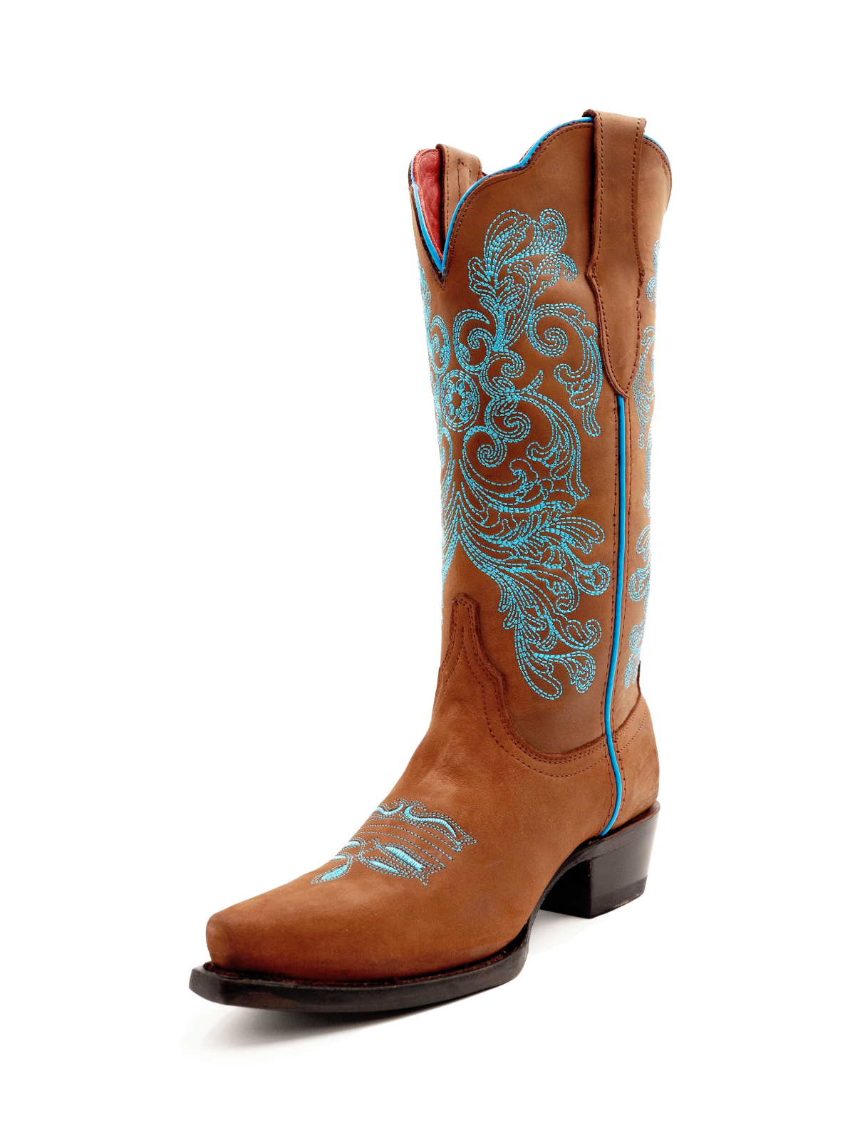 Taafo Brown Floral Embroidery Snip-Toe Wide Mid Calf Western Boots Cowgirl Tall Boots